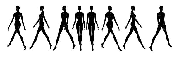 set silhouette walking damen modevorlage 9 neun kopf größe frau für technische zeichnung. damenfigur vorne, seitlich, 3-4 und rückansicht. vector outline girl für modeskizzen und illustrationen. - artists figure stock-grafiken, -clipart, -cartoons und -symbole
