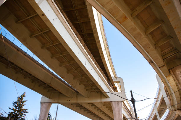 Shot from below looking up, The junction of multiple freeway overpasses merge into one bridge in Portland Oregon. Intestate 5, interstate 84 and interstate 405.