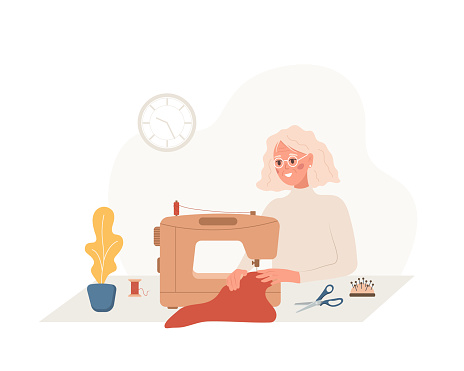 Elderly woman seamstress at sewing machine sews clothes. Female tailor create clothes in studio. Fashion designer or dressmaker. Vector illustration in flat cartoon style. Hobby concept