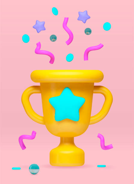 istock Vector 3d realistic illustration, reward, yellow cartoon goblet with a star and tinsel and confetti flying out of it 1429690207