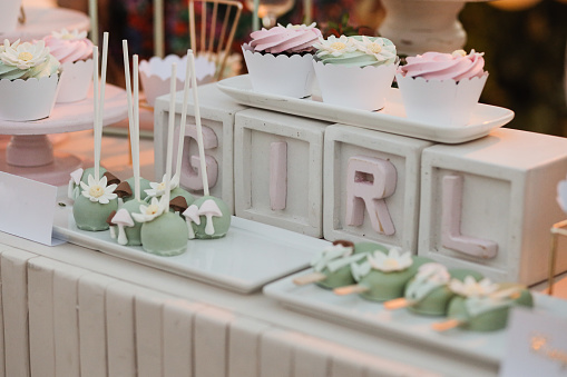 Candy bar with cupcakes in pastel colors. Girls first birthday party celebration, pink food and flowers. Girly decoration on a gender reveal party.