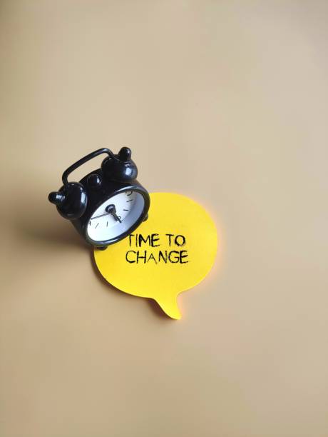 istock Top view image of clock and speech bubble with text TIME TO CHANGE 1429690606