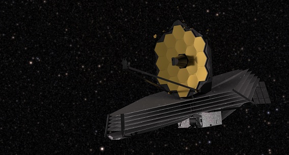 James Webb Telescope in outer space on orbit of Earth planet. Sci-fi space collage. Astronomy science