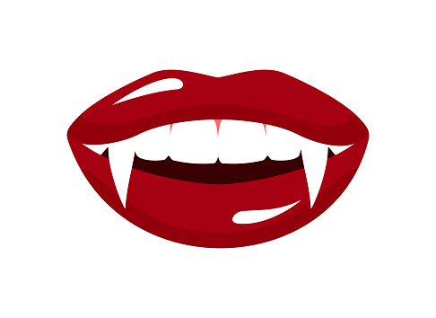 Open vampire mouth with red lips and white fangs isolated on white background. Flat vector illustration