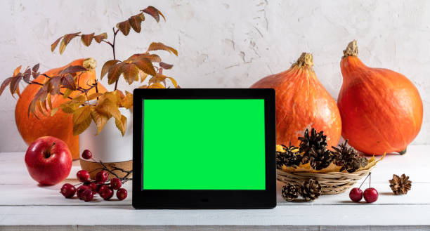 istock Pumpkins, fall leaves, cones and electronic photo frame with green screen on light backdrop. Banner. 1429694160