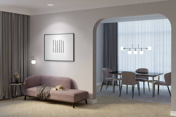 Modern classic room with a horizontal poster near the arch to the dining room with chairs and a table by the window, flowers in a vase on the coffee table, and a lamp near a pink couch. 3d render chaise longue stock pictures, royalty-free photos & images