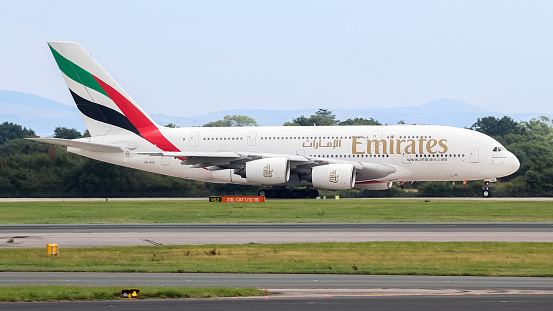 Manchester Airport, United Kingdom - 27 August, 2022: Emirates Airbus A380 (A6-EEE) preparing for take off to Dubai, United Arab Emirates.