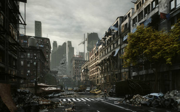 Digitally generated post-apocalyptic scene depicting a desolate urban landscape with tall buildings in ruins and mostly cloudy sky.The scene was created in Autodesk® 3ds Max 2023 with V-Ray 6 and rendered with photorealistic shaders and lighting in Chaos® Vantage with some post-production added.