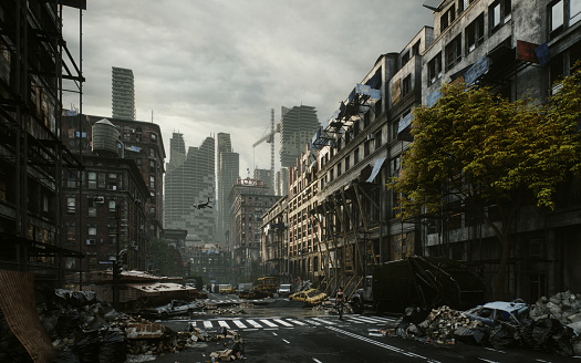 Digitally generated post-apocalyptic scene depicting a desolate urban landscape with tall buildings in ruins and mostly cloudy sky.

The scene was created in Autodesk® 3ds Max 2023 with V-Ray 6 and rendered with photorealistic shaders and lighting in Chaos® Vantage with some post-production added.