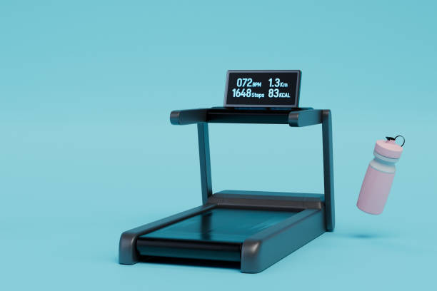 istock daily cardio training. treadmill and shaker for water or protein shake on a blue background. 3D render 1429698128