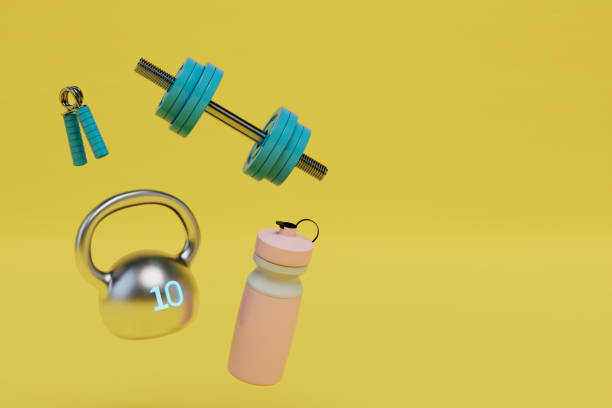 istock active sports. simulator for a hand, kettlebell, dumbbell and shaker on a yellow background. copy paste. 3D render 1429698130