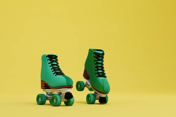 active lifestyle. sports rollers of green color on a yellow background. 3D render active lifestyle. sports rollers of green color on a yellow background. 3D render. pair of shoes stock pictures, royalty-free photos & images