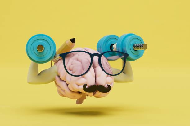 istock training for the brain. brain in glasses with dumbbells in his hands on a yellow background. 3D render 1429698148