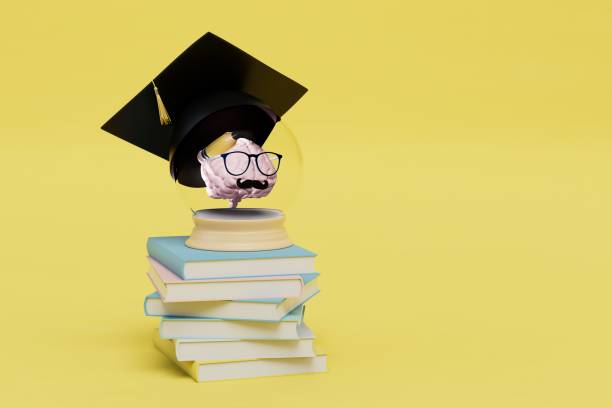 istock the concept of higher education. brain in glasses, a master's hat and with a pencil on a stack of books. 3D render 1429698149