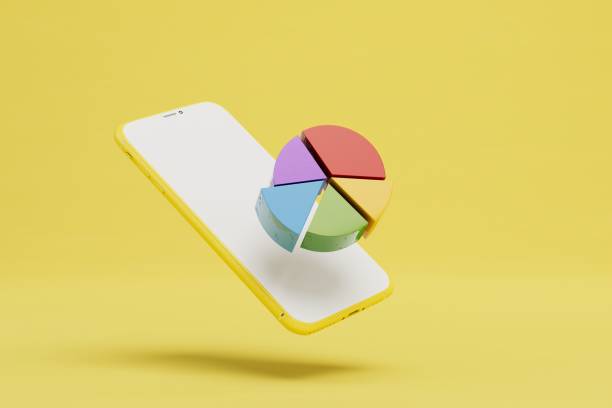 オンラインチャート。黄色の背景にあるスマートフォン上の異なる色のセクターを持つ図。3d レンダリング - stockholder ストックフォトと画像