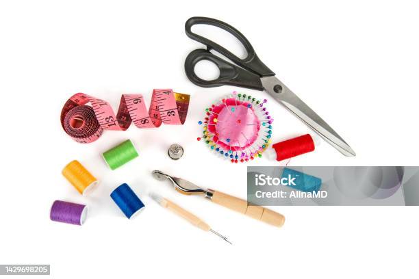 Tailors Work Desk Pattern Of Sewing Accessories And Tools On White  Background Top View Copyspace Stock Photo - Download Image Now - iStock