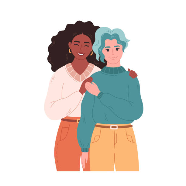 Lesbian couple hugging and smiling. Sweetheart couple together. LGBT couple, LGBT pride. Homosexual multiracial couple. Hand drawn vector illustration Lesbian couple hugging and smiling. Sweetheart couple together. LGBT couple, LGBT pride. Homosexual multiracial couple. Vector illustration lesbian couple embracing stock illustrations