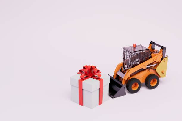istock Delivery of a great gift. a bulldozer picking up a large gift box with a red bow. copy paste, copy space. 3D render 1429699971