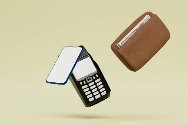 端末からの現金またはカードによる商品の支払い。端末、スマートフォン、お金の入った財布。3d レンダリング - chip and pin ストックフォトと画像