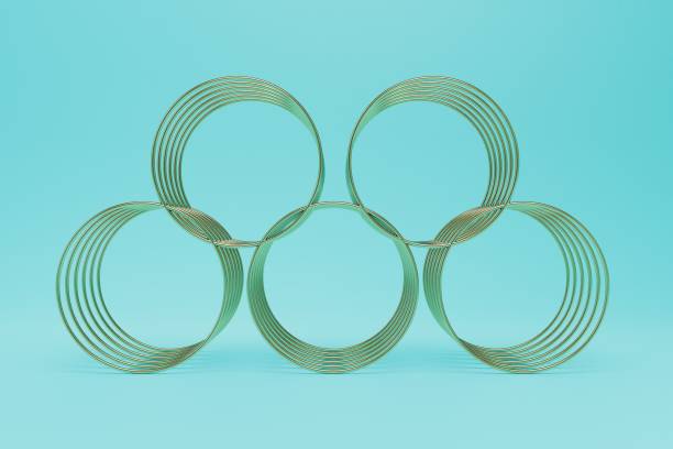 an abstract background on which the patterns of cylinders consisting of golden circles on a blue background. 3D render
