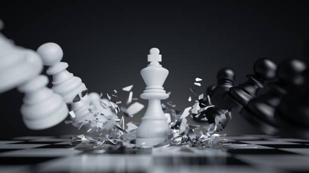 istock 3d rendering, aggressive chess game white king attacks and crushes other pieces. Damage metaphor, stressful situation, fight concept 1429703964