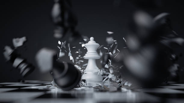 istock 3d rendering, aggressive chess game white queen attacks and destroys other pieces. Damage metaphor, stressful situation, fight concept 1429703976