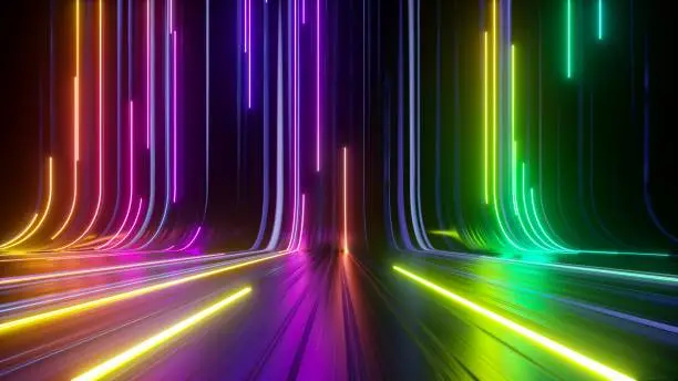 3d render, abstract background with colorful spectrum. Modern wallpaper with neon rays and glowing lines
