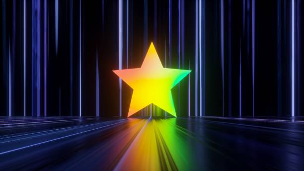 istock 3d render, abstract neon background with colorful star shape in the dark room with floor reflection 1429704475