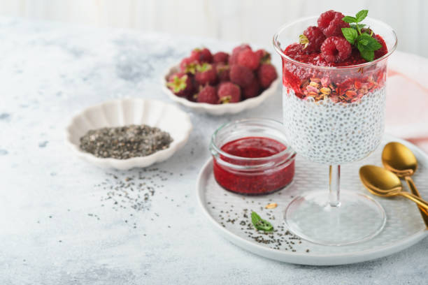 istock Chia pudding. Healthy vanilla chia pudding in glass with fresh raspberries and mint on white background. Vegan healthy breakfast. 1429704860