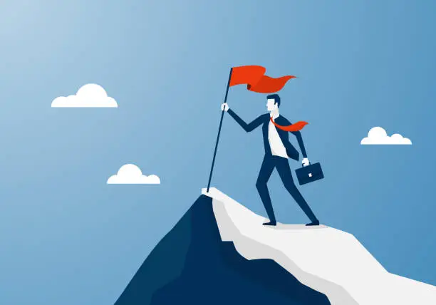Vector illustration of Businessman climbing hold red flag on top mountain. Successfull mission on peak. business goal achievement concept. symbol of victory and progress. vector illustration flat design on blue background.