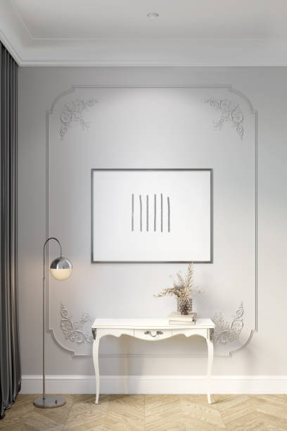 istock Bright classic interior with a horizontal poster on a light gray wall with moldings, flowers in a vase on a white classic console, and a metal floor lamp near a gray silk curtain. Front view. 1429709132