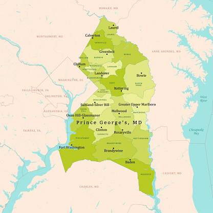 MD Prince George's County Vector Map Green. All source data is in the public domain. U.S. Census Bureau Census Tiger. Used Layers: areawater, linearwater, cousub, pointlm.