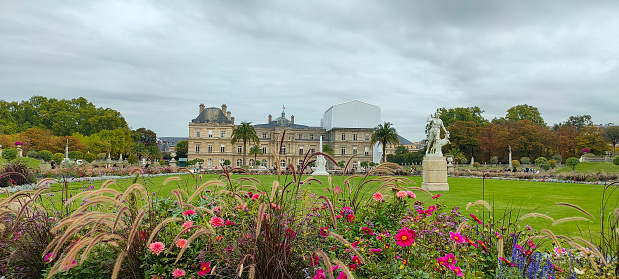 Panoramic view of the Luxembourg Palace from the Luxembourg garden in Paris