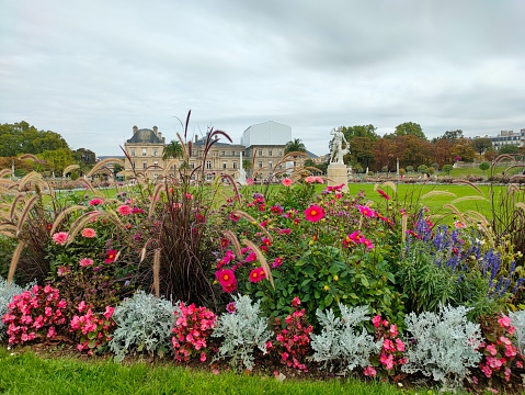 Panoramic view of the Luxembourg Palace from the Luxembourg garden in Paris