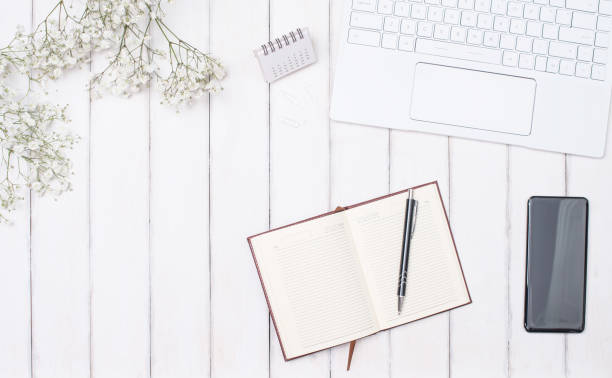 istock White workspace with laptop smartphone planner and calendar. 1429711739