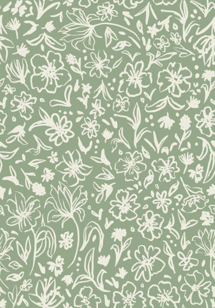 Hand drawn, random placed, vector flowers, herbs, branches, leaves and more all over surface print.