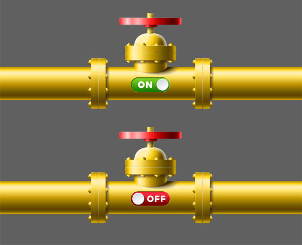 istock Set yellow pipelines with big valve, green slider is turn on and red slider is turn off vector illustration. Concept gas supply and cancellation of supply 1429712137