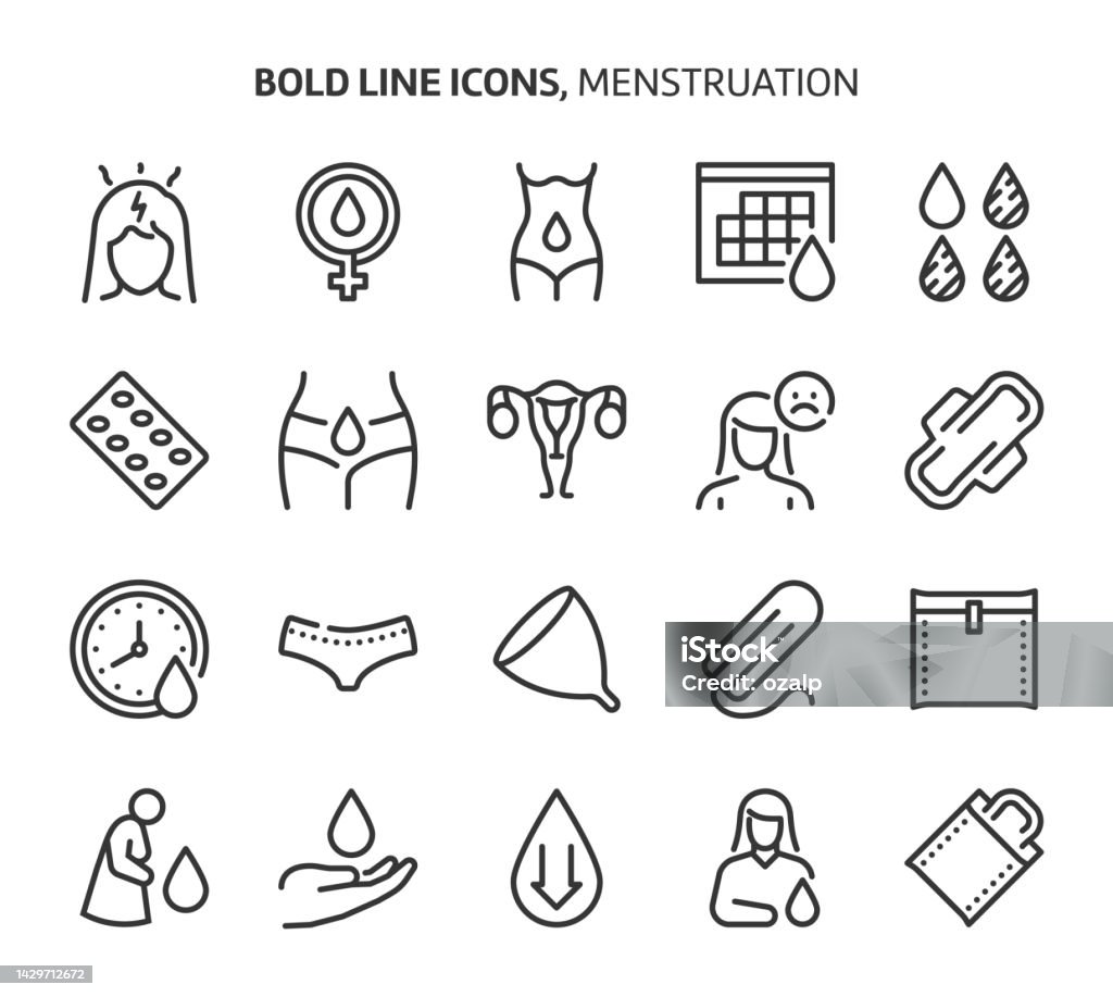 Menstruation, bold line icons. The illustrations are a vector, editable stroke, pixel perfect files. Crafted with precision and eye for quality. Icon Symbol stock vector Menstruation, bold line icons. The illustrations are a vector, editable stroke, pixel perfect files. Crafted with precision and eye for quality. Icon Symbol stock vector