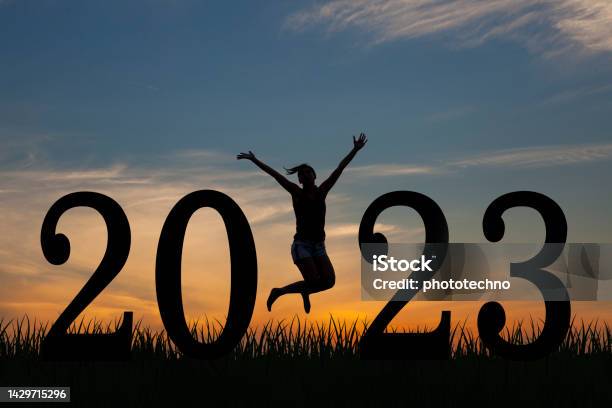 Silhouette Young Woman Happy For 2023 New Year Stock Photo - Download Image Now - 2023, New Year, Dieting