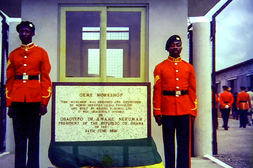 Accra, Ghana - 1961: Soldiers guarding the entrance to the Geme Workshop in Burma Camp, Accra, Ghana c.1961
