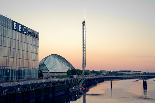 BBC Scotland and Glasgow Science Centre Tower at the River Clyde in Glasgow UK