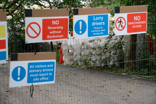 istock Lorry driver take care and caution sign at construction building site entrance 1429727646