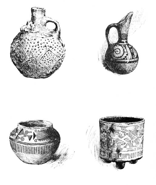 ацтекские терракотовые вазы, древние мексиканские артефакты - tribal art eagle indigenous culture art stock illustrations