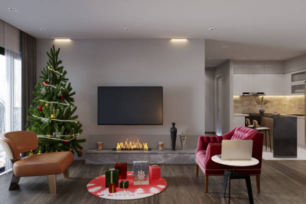istock Christmas Scene With Fireplace And Gift Boxes 1429735748