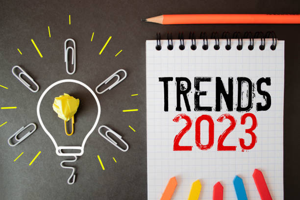 istock Text TRENDS 2023 on white paper between white and brown spiral notepads. 1429739752