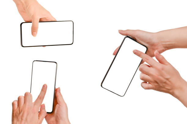 istock Smart phone in woman hands isolated on white background.  White screen. Copy space. 1429741507