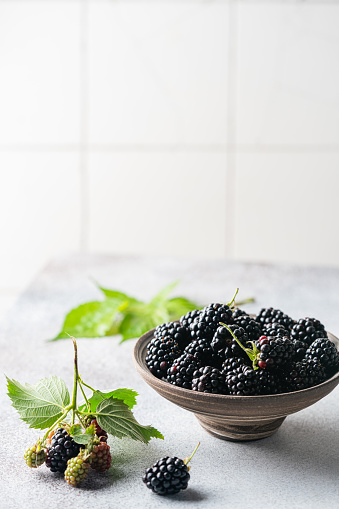Ripe blackberries with leaves in a bowl on white background
