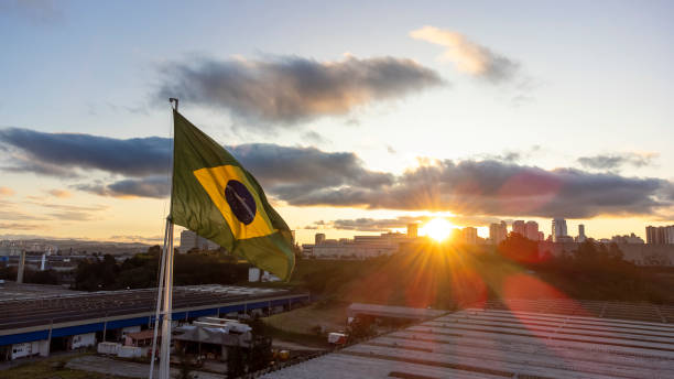 Brazil flag at dusk by drone