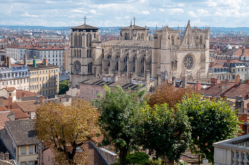 City of Lyon skyline, with the iconic Cathedrale Saint-Jean-Baptiste located in the UNESCO historic area of the city.