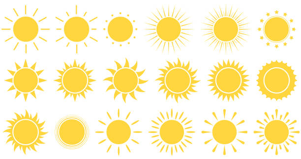 ilustrações, clipart, desenhos animados e ícones de ícones solares. sol se pôr do sol. ilustração vetorial. - backgrounds sunbeam horizontal spring